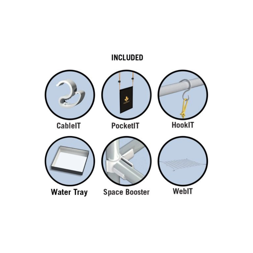 Lieferumfang des Secret Jardin Dark Street DS90 Rev.4 Pflanzenzelts mit CableIT, PocketIT, HookIT, Water Tray, Space Booster und WebIT