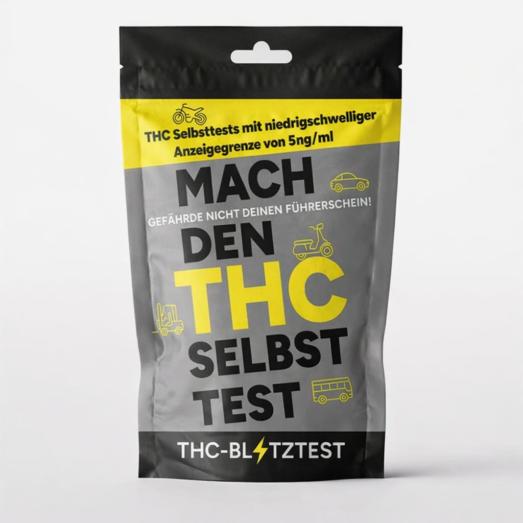 THC-Blitztest 5 ng/ml Selbsttest als Produktverpackung – Urin-Schnelltest zum Nachweis von THC-COOH