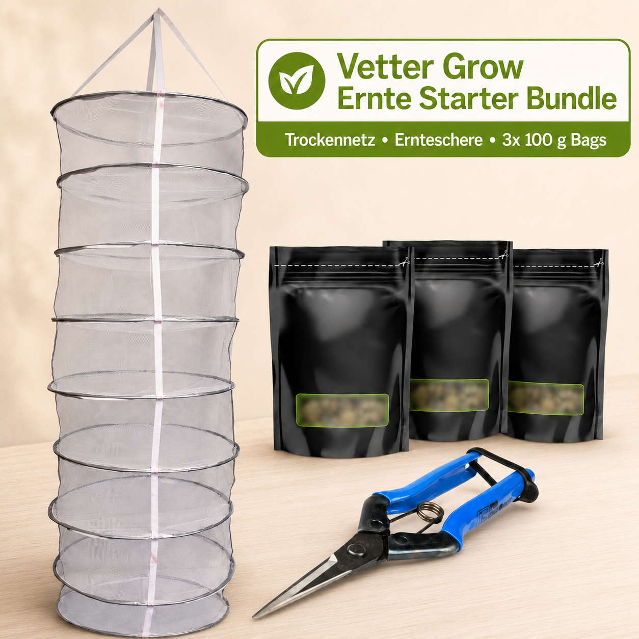 Vetter Grow Ernte Starter Bundle mit Trockennetz, Ernteschere und drei 100 g Grove Bags für Trocknung und Curing