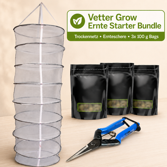 Vetter Grow Ernte Starter Bundle mit Trockennetz, Ernteschere und drei 100 g Grove Bags für Trocknung und Curing