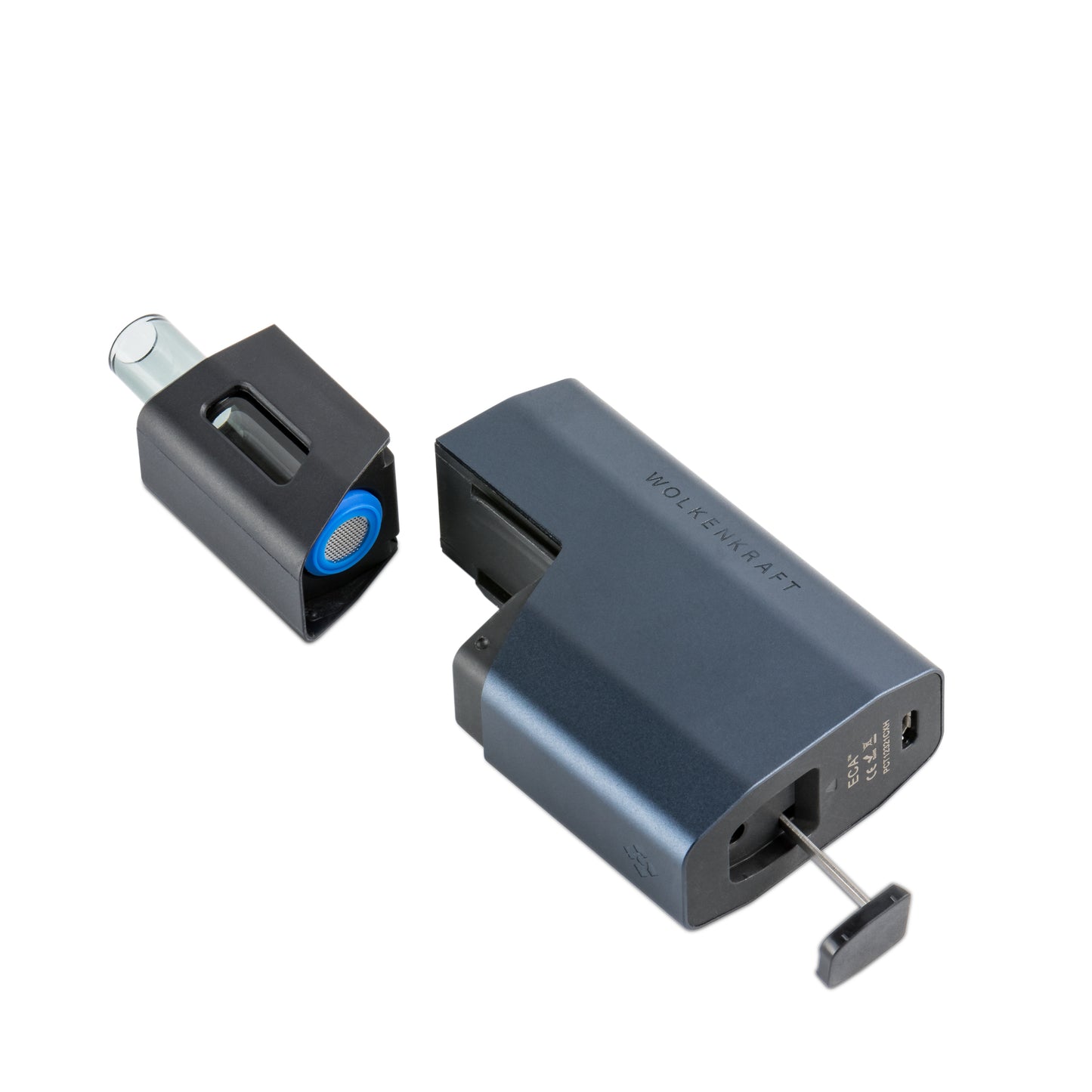 WOLKENKRAFT ÄRIS Nachtblau – Easy Care Airpath geöffnet zur Reinigung, Mundstückmodul mit Sieb, Micro-USB Anschluss sichtbar