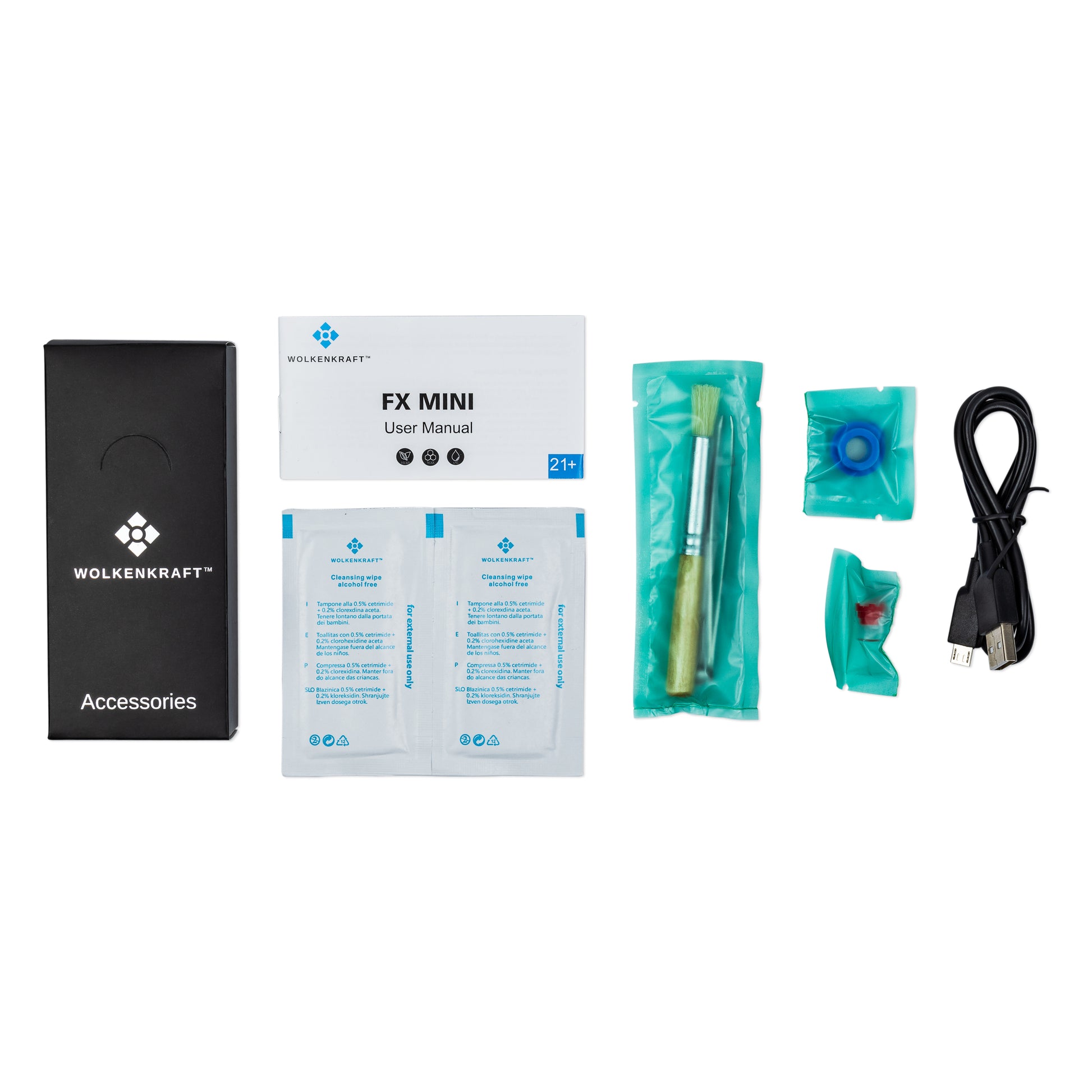 WOLKENKRAFT FX MINI Lieferumfang – Zubehörbox, Bedienungsanleitung, Reinigungsset, Dichtungsring/Sieb und USB-Kabel