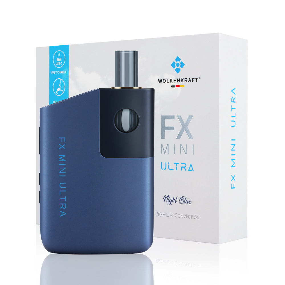 Wolkenkraft FX Mini Ultra Vaporizer Night Blue zusammen mit der Originalverpackung