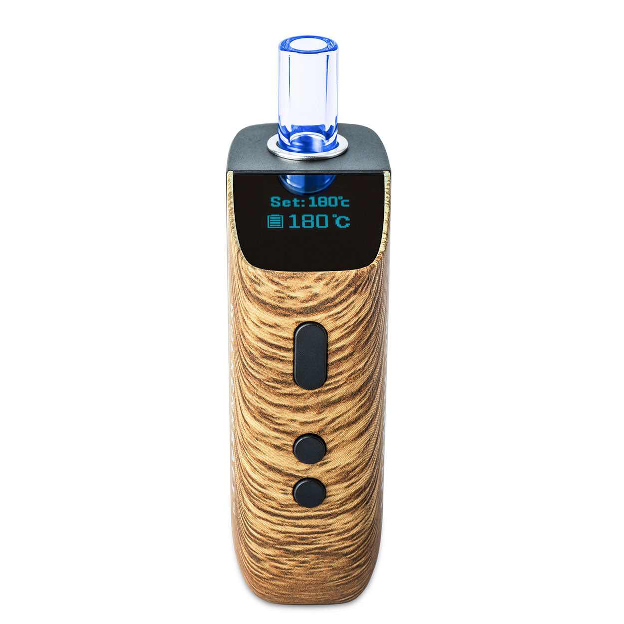 WOLKENKRAFT FX MINI Vaporizer Holzoptik – Frontansicht mit OLED-Display, Temperaturanzeige und Tastenbedienung