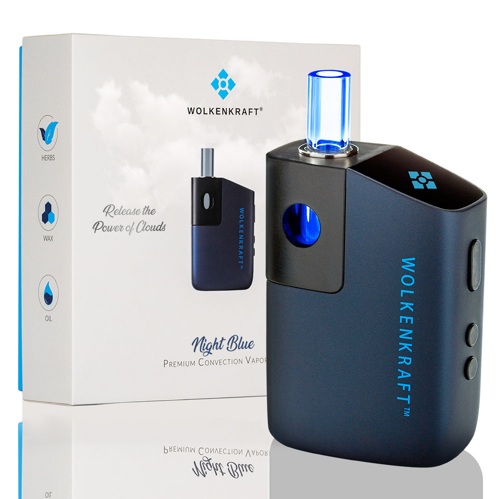 WOLKENKRAFT FX MINI Vaporizer Nachtblau – Konvektions-Kräutervaporizer mit Glasmundstück, abgebildet mit Originalverpackung